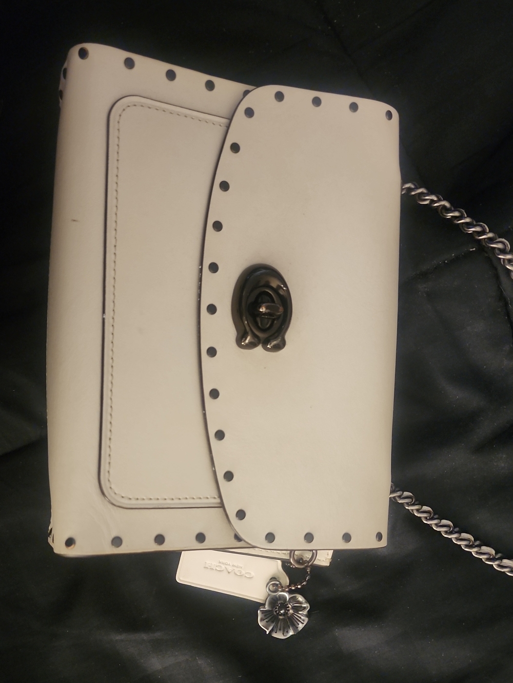 Coach White Leather Studded Crossbody with Floral Charm